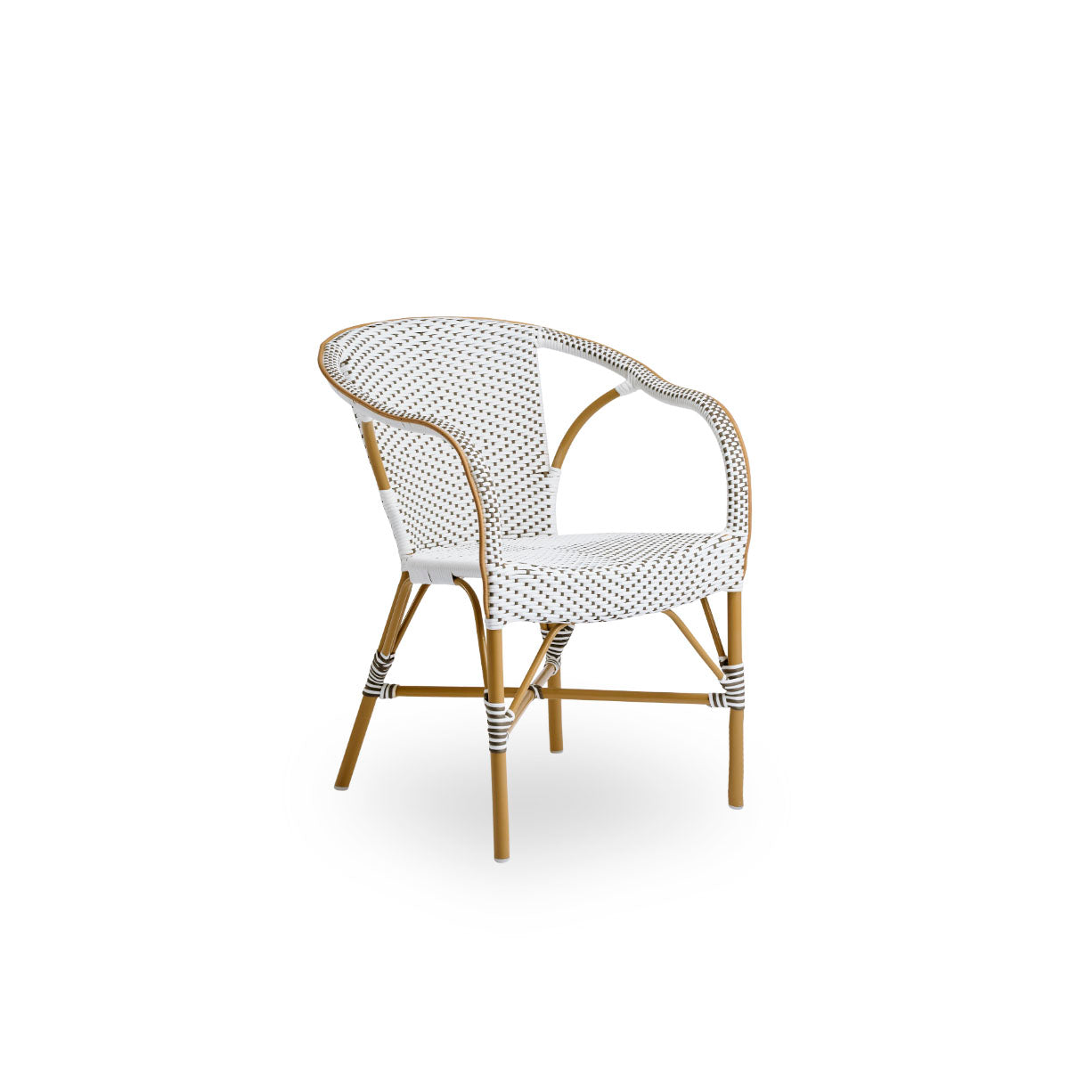 Side view of Madeleine outdoor dining armchair. Aluminium frame in almond color with seat and backrest woven with ArtFibre in brown with white dots.