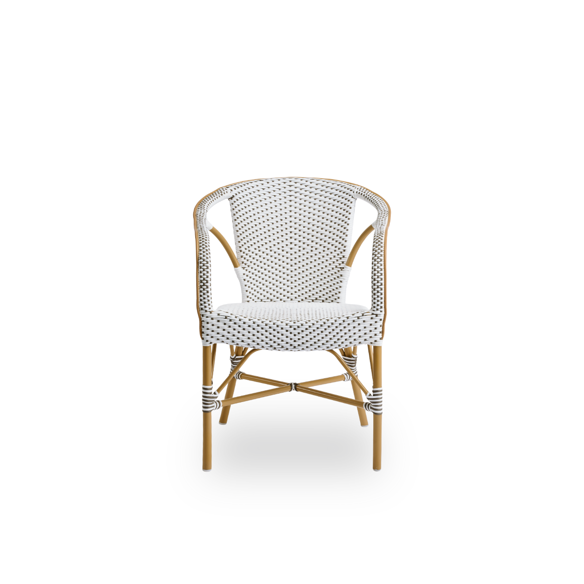 Front view of the Madeleine outdoor dining armchair.
Aluminium frame in almond color with seat and backrest woven with ArtFibre in brown with white dots.