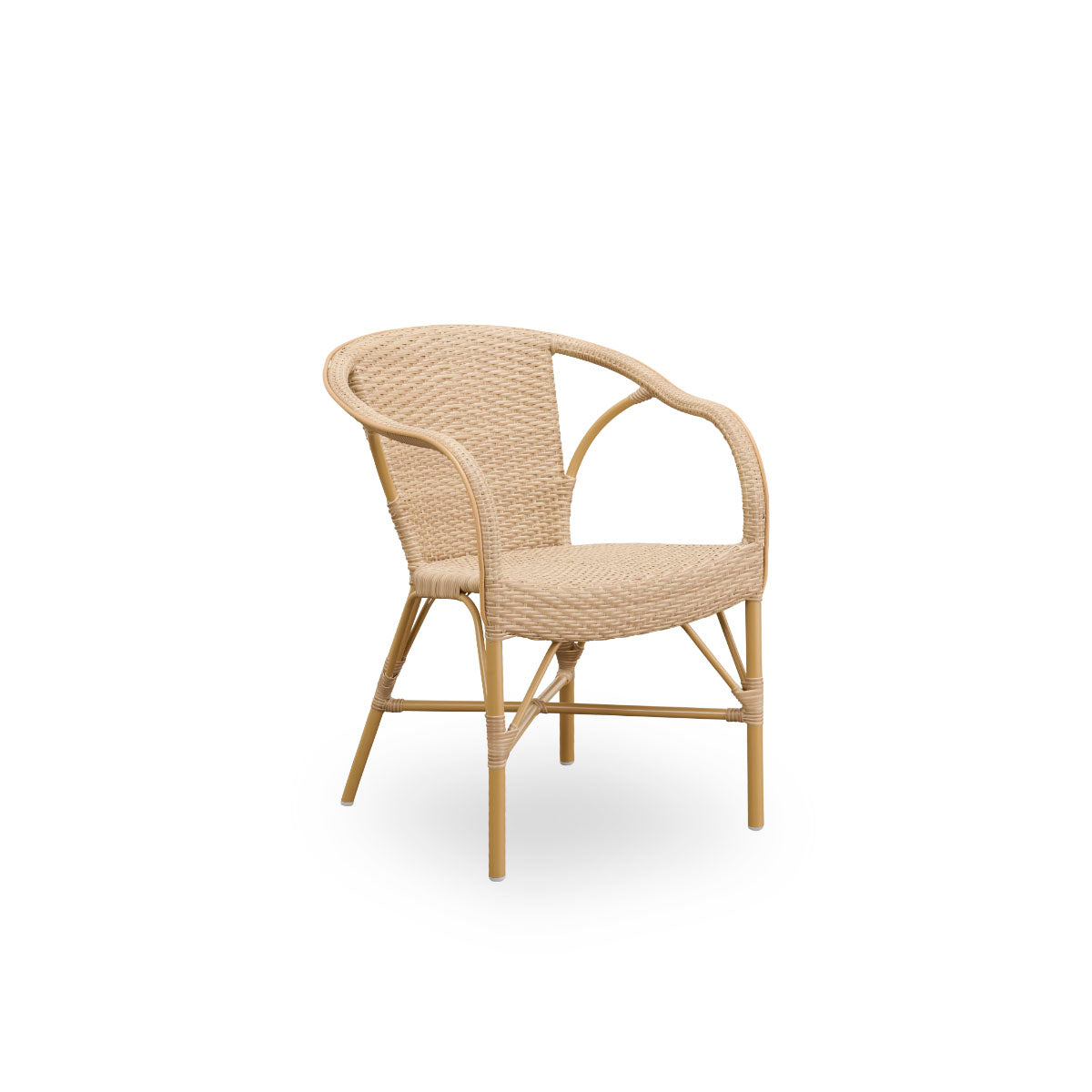 Side view of Madeleine outdoor dining armchair. Aluminium frame in almond color with seat and backrest woven with ArtFibre in natural color.