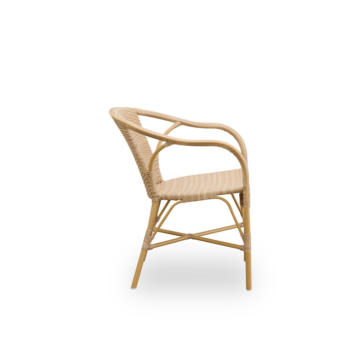 Plain side view of Madeleine outdoor dining armchair. Aluminium frame in almond color with seat and backrest woven with ArtFibre in natural color.