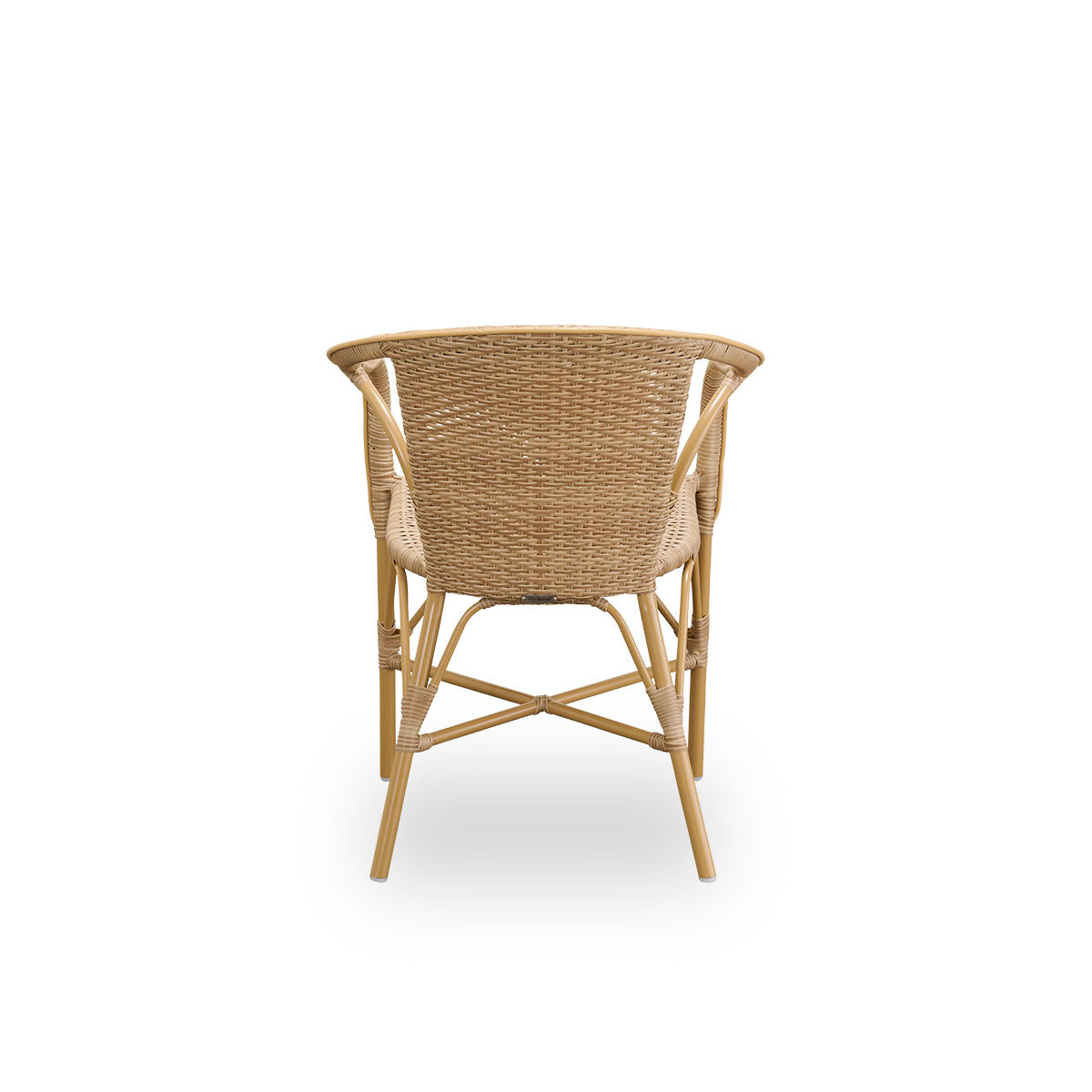 Plain back view of Madeleine outdoor dining armchair. Aluminium frame in almond color with seat and backrest woven with ArtFibre in natural color.