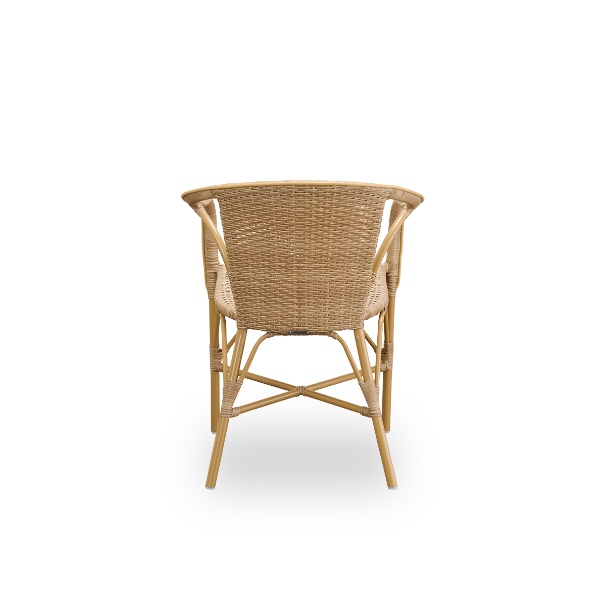 Plain back view of Madeleine outdoor dining armchair. Aluminium frame in almond color with seat and backrest woven with ArtFibre in natural color.