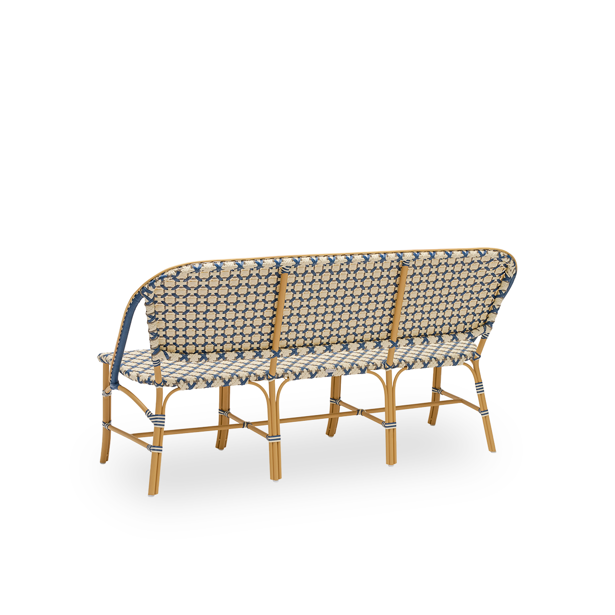 This is a close-up image of Sofie in almond aluminium frame starweave ivory navy blue cappuccino artfibre.