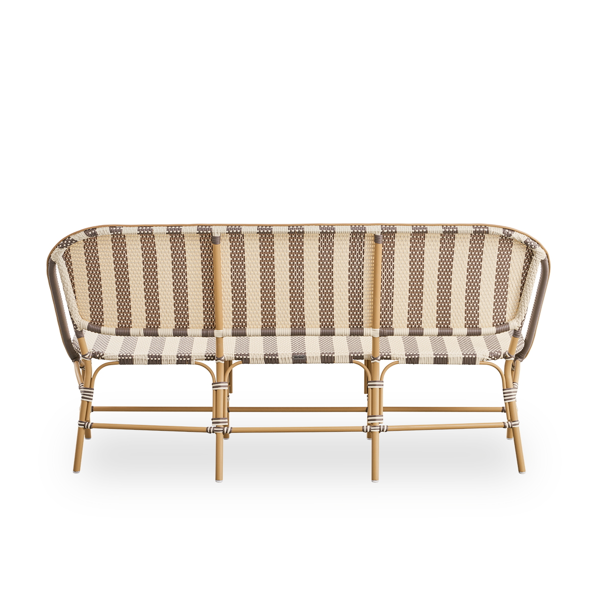 Plain back view of Sofie outdoor bench inspired by French café style. Rattan frame with fully woven seat and backrest handcrafted in ArtFibre in broad striped pattern in Ivory and brown. Stackable rattan bistro chair.
