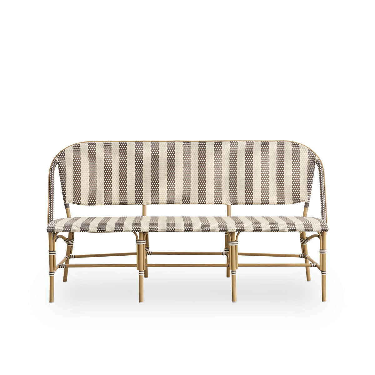 Front view of the Sofie outdoor bench inspired by French café style.
Rattan frame with fully woven seat and backrest handcrafted in ArtFibre in a broad striped pattern in ivory and brown. Stackable rattan bistro bench.