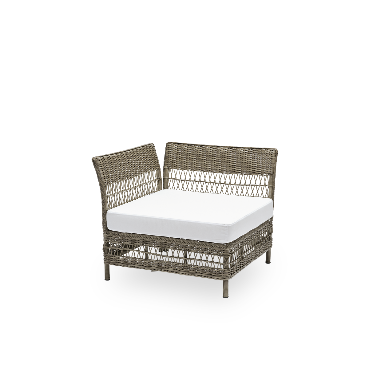 Side view of the Mona exterior sofa, corner module with seat cushion, in antique grey ArtFibre and aluminium. Part of the Mona modular sofa, which adapts to the shape of the outdoor space it stands in.