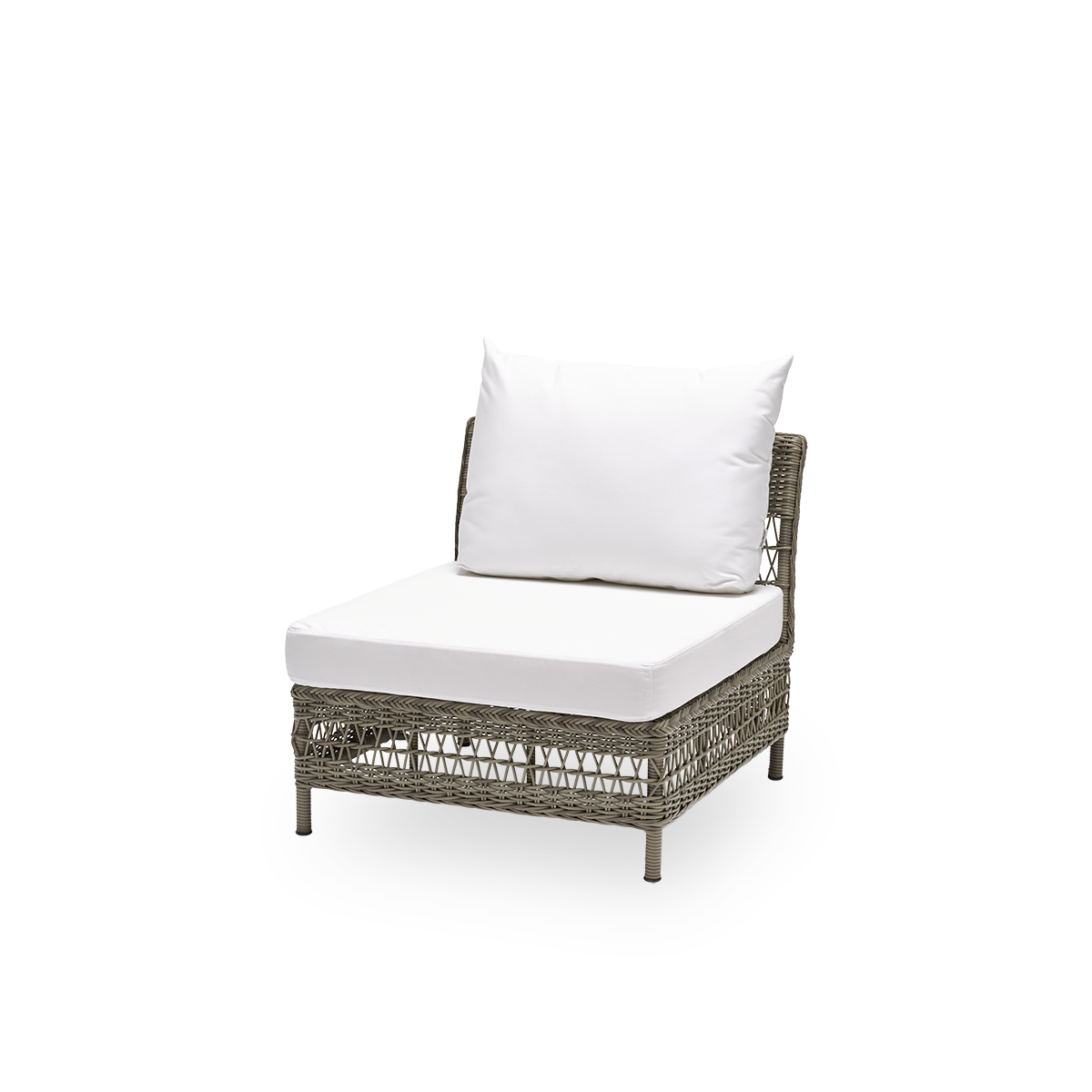 Side view of the Mona exterior sofa, center module with seat and back cushions, in antique grey ArtFibre and aluminium. Part of the Mona modular sofa, which adapts to the shape of the outdoor space it stands in.