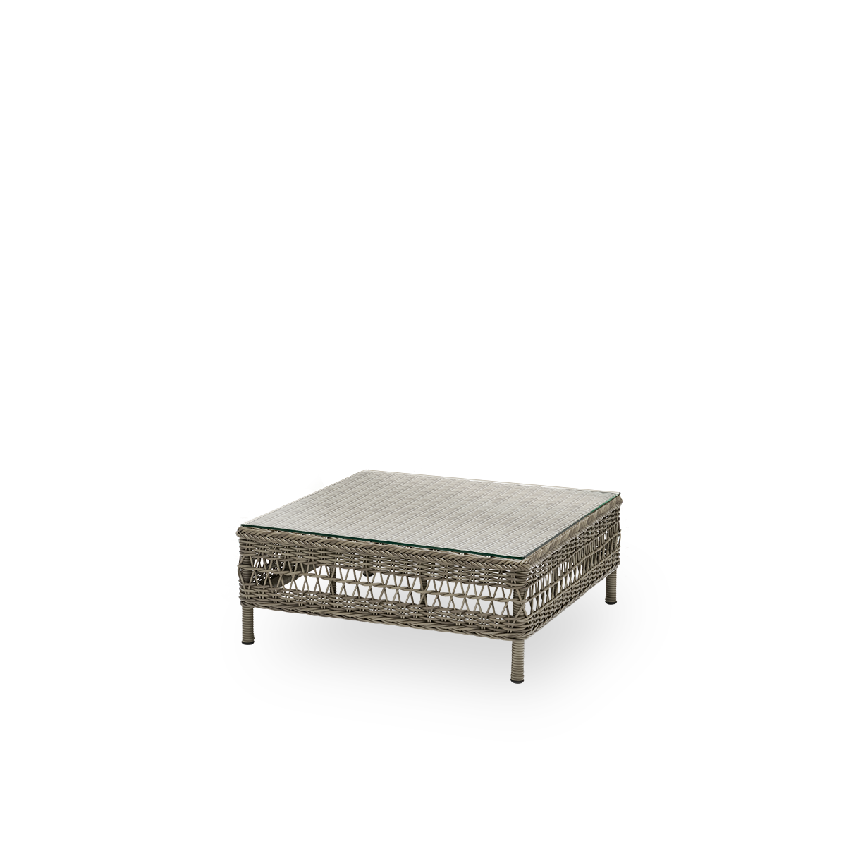 Side view of the Mona exterior sofa, pouf module with glass top, in antique grey ArtFibre and aluminium. Part of the Mona modular sofa, usable as a footstool, an extra seat or a low table.
