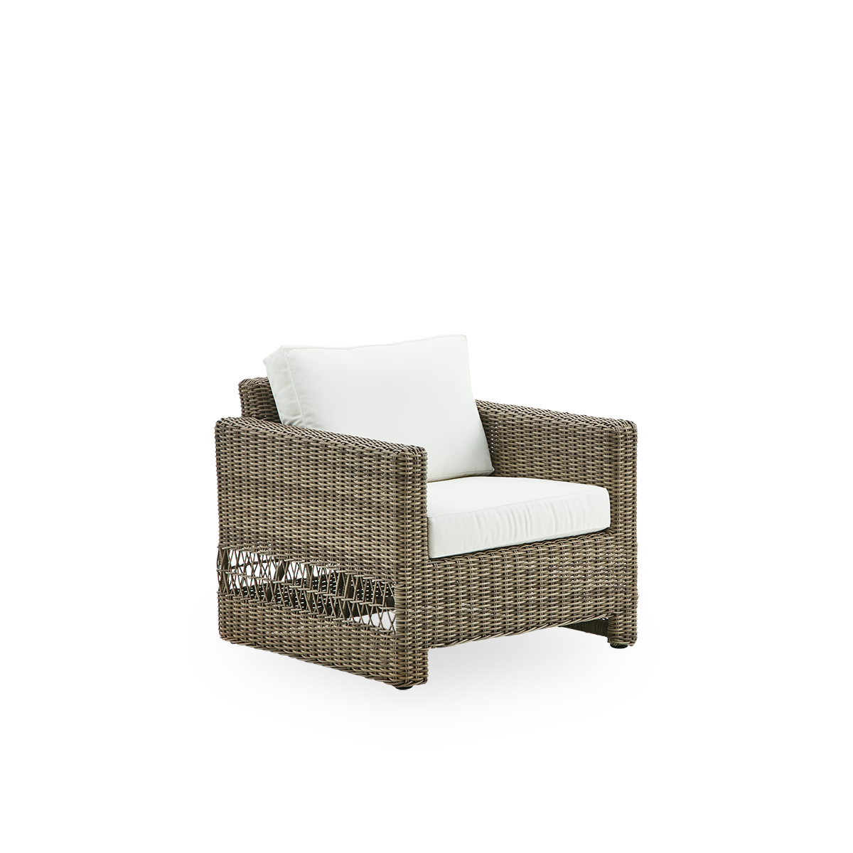 Side view of Carrie Exterior Lounge chair in the color antique grey. Squared robust lounge chair with aluminium frame fully woven with ArtFibre.