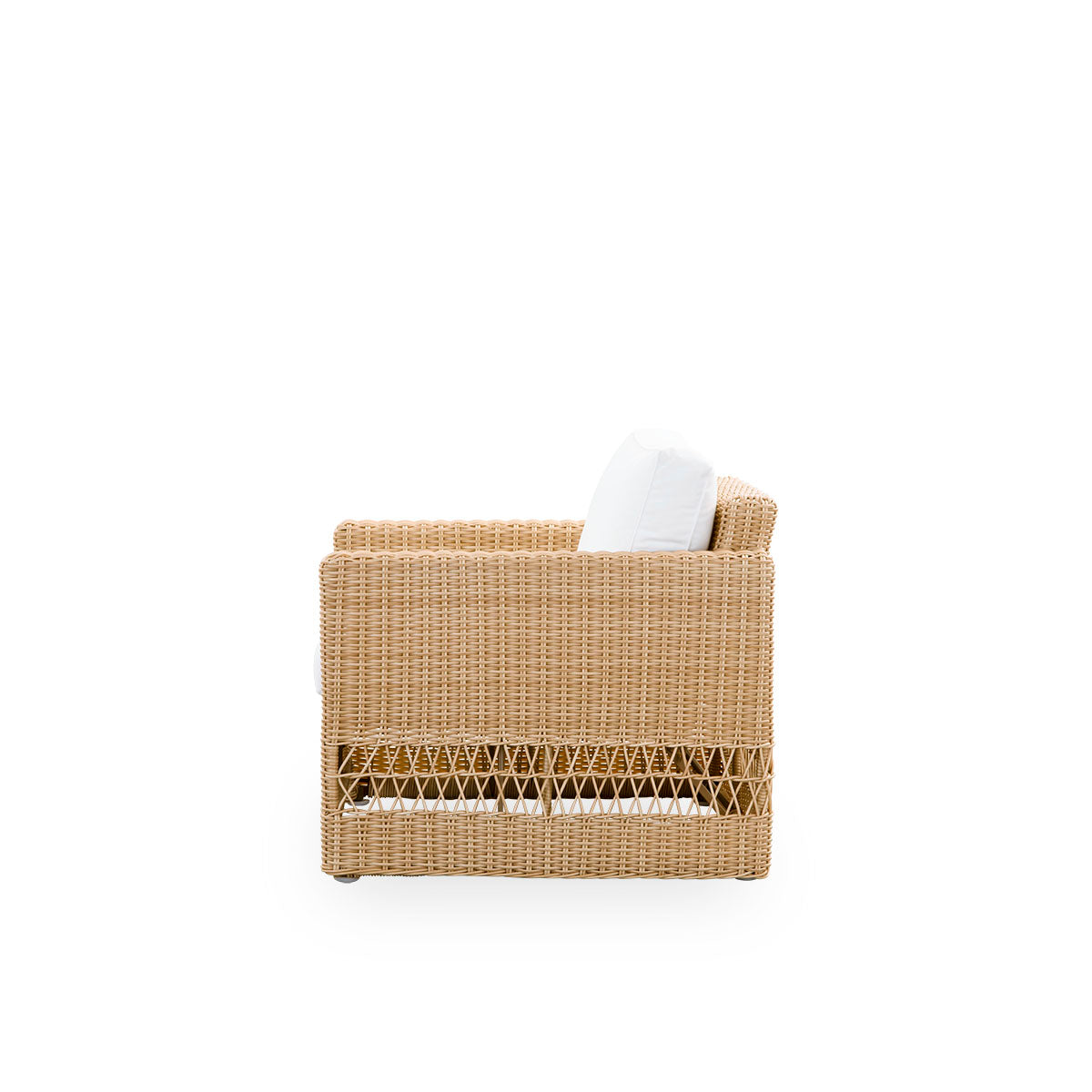 Plain side view of Carrie Exterior Lounge chair in the color Natural. Squared robust lounge chair made with aluminium frame fully woven with ArtFibre.