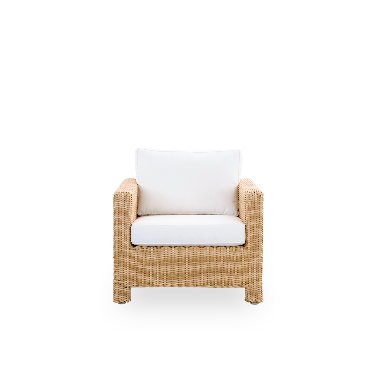 Front view of Carrie Exterior lounge chair in the color Natural. Squared, robust lounge chair made with an aluminium frame fully woven with ArtFibre.