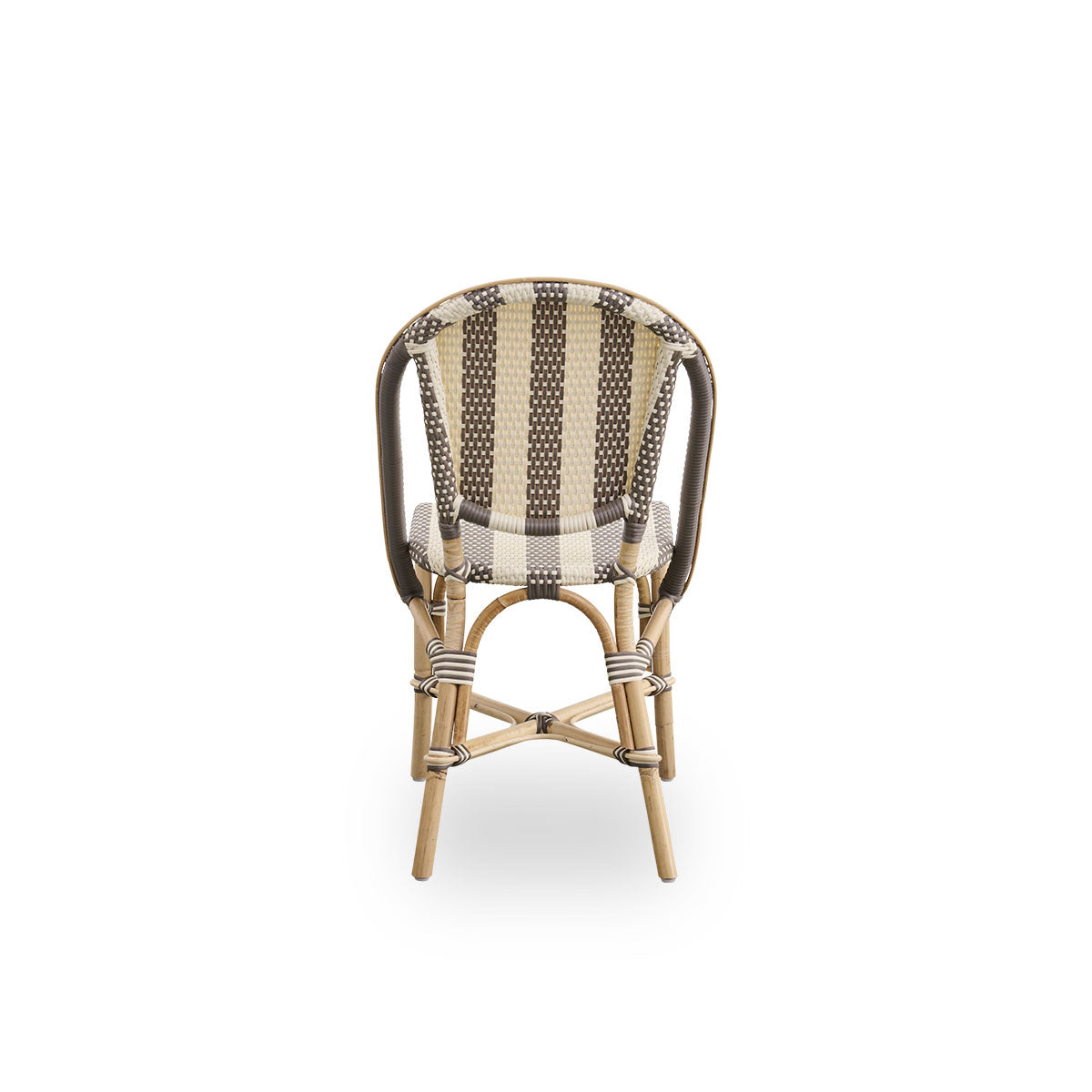Plain back view of Sofie rattan dining chair inspired by French café style. Aluminium frame in Almond color with fully woven seat and backrest handcrafted in ArtFibre in broad striped pattern in Ivory and brown.
