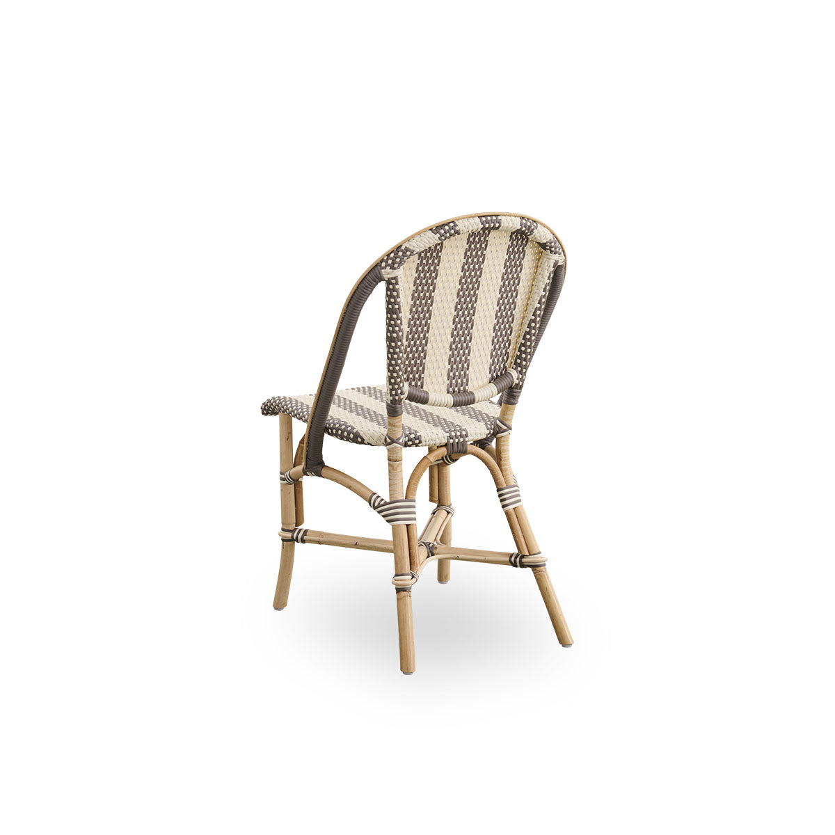 Back side view of the Sofie rattan dining chair inspired by French café style.
Aluminum frame in almond color with fully woven seat and backrest handcrafted in ArtFibre in broad striped pattern in ivory and brown.