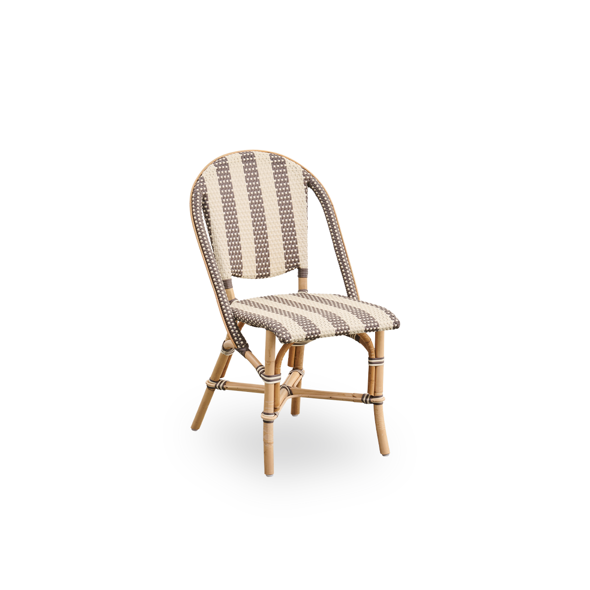 Side view of Sofie rattan dining chair inspired by French café style. Aluminium frame in Almond color with fully woven seat- and backrest handcrafted in ArtFibre in broad striped pattern in Ivory and brown.