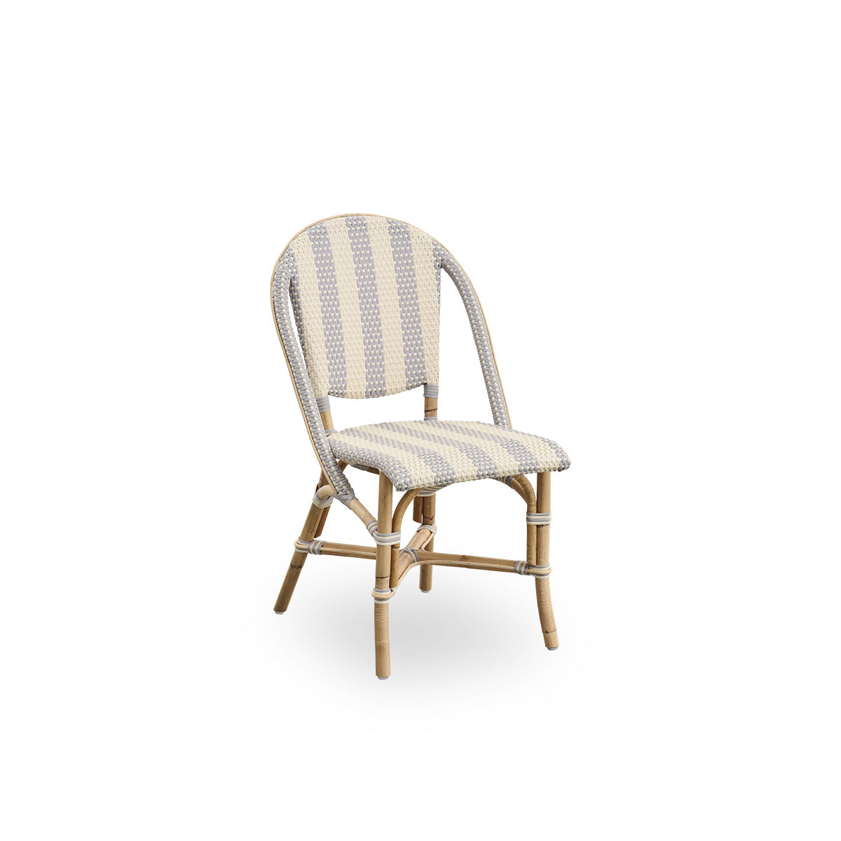 Side view of Sofie rattan dining chair inspired by French café style. Rattan frame with fully woven seat- and backrest handcrafted in ArtFibre in broad striped pattern in Ivory and Grey. Stackable rattan bistro chair.