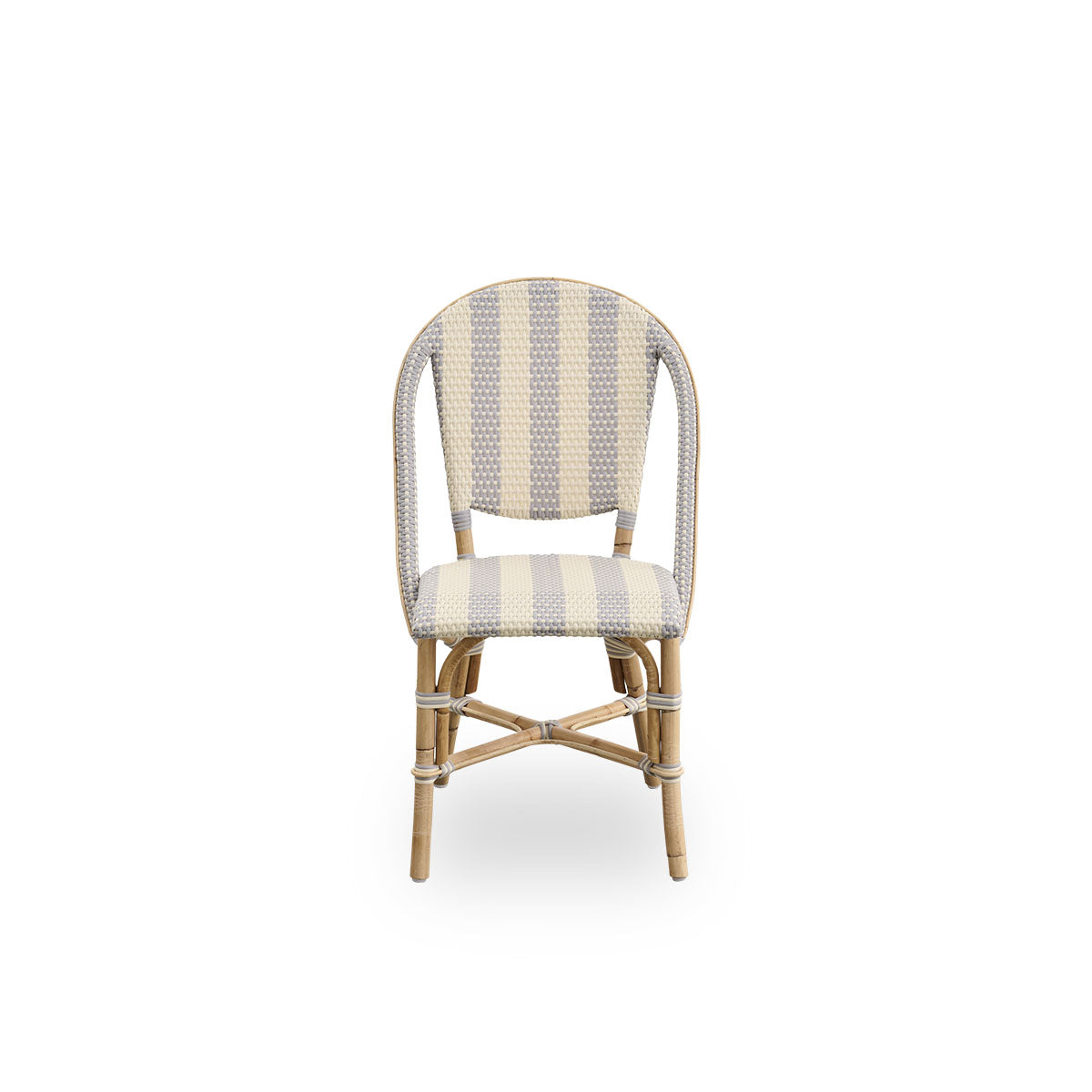Front view of the Sofie rattan dining chair inspired by French café style.
Rattan frame with fully woven seat and backrest handcrafted in ArtFibre in a broad striped pattern in ivory and grey. Stackable rattan bistro chair.
