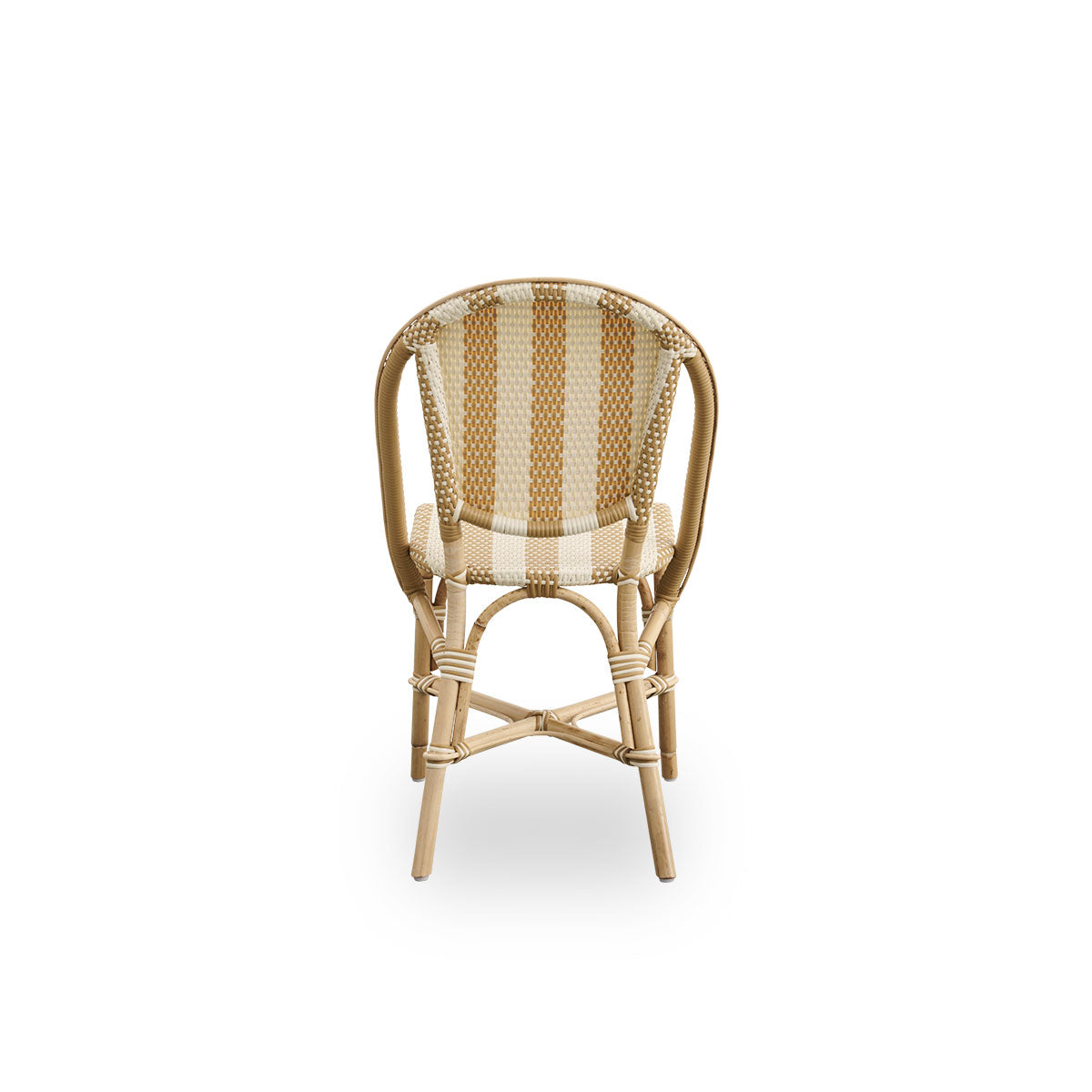 Plain back view of Sofie rattan dining chair inspired by French café style. Rattan frame with fully woven seat and backrest handcrafted in ArtFibre in broad striped pattern in Ivory and Honey. Stackable rattan bistro chair.