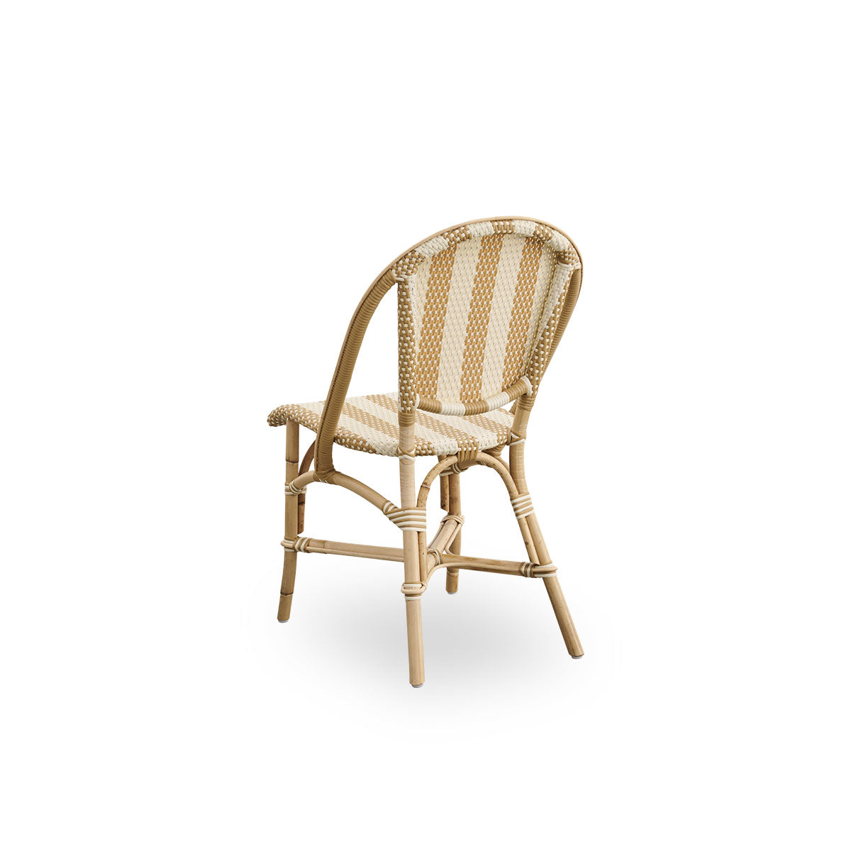 Back side view of the Sofie rattan dining chair inspired by French café style.
Rattan frame with fully woven seat and backrest handcrafted in ArtFibre in broad striped pattern in ivory and honey. Stackable rattan bistro chair.