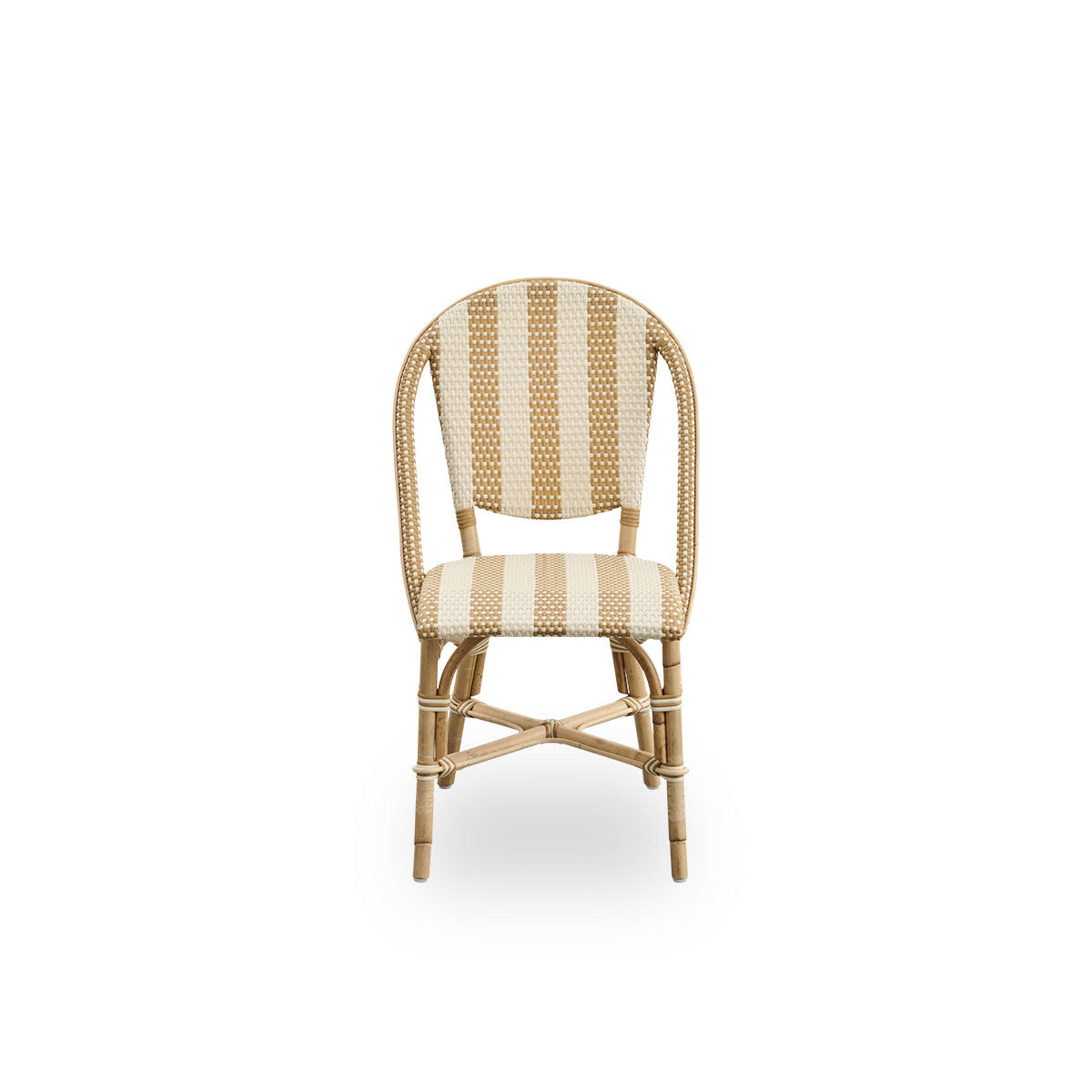 Front view of the Sofie rattan dining chair inspired by French café style.
Rattan frame with fully woven seat and backrest handcrafted in ArtFibre in a broad striped pattern in ivory and honey. Stackable rattan bistro chair.