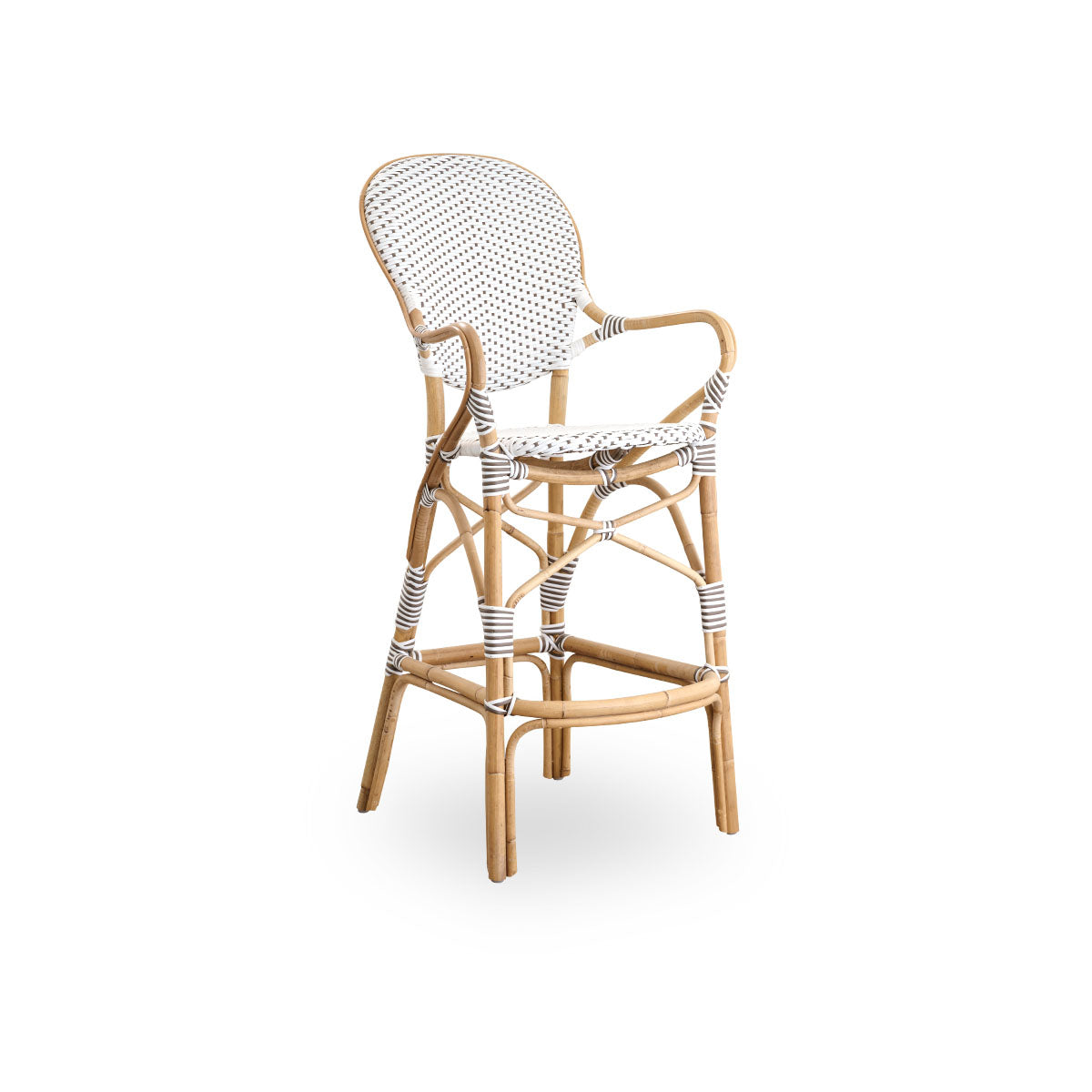 Side view of Isabell barstool with high bagrest, armrests and footrest. Natural rattan frame with ArtFibre seat in white with cappuccino dots. Inspired by 1950s bistro design.