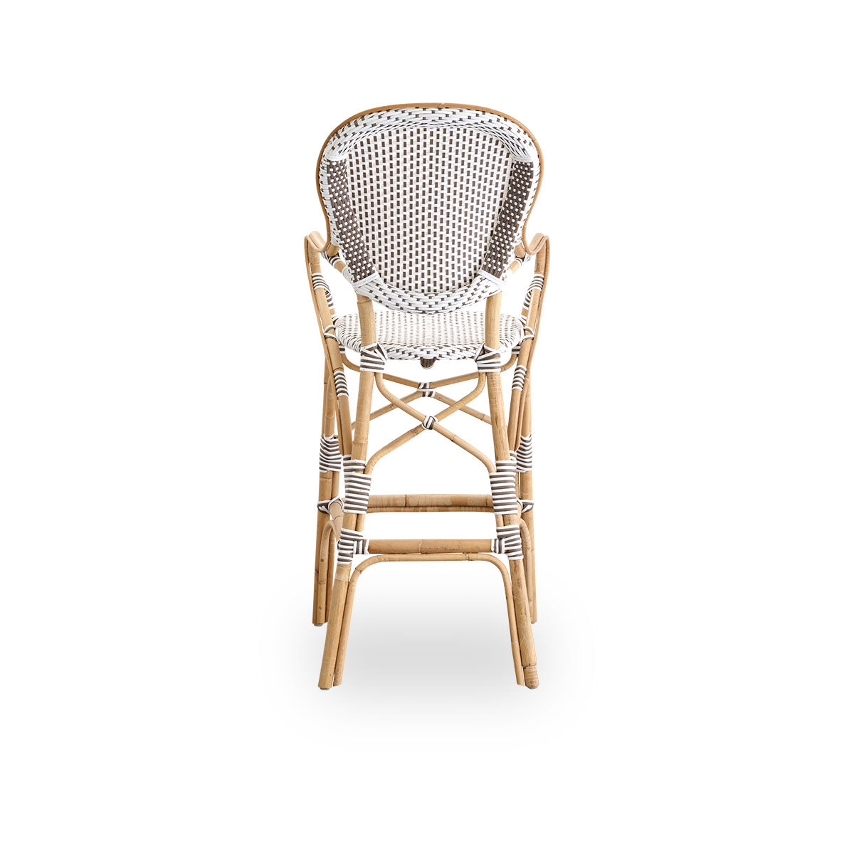 Plain back view of Isabell barstool with high backrest, armrests and footrest. Natural rattan frame with ArtFibre seat in white with cappuccino dots. Inspired by 1950s bistro design.