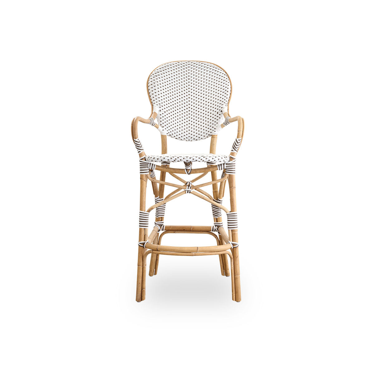 Front view of the Isabell barstool with high backrest, armrests, and footrest.
Natural rattan frame with an ArtFibre seat in white with cappuccino dots. Inspired by 1950s bistro design.