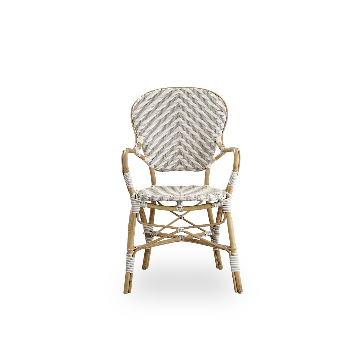 Front view of the Isabell dining chair with armrests.
Rattan frame with seat and backrest made in ArtFibre in an ivory and grey herringbone pattern. Inspired by 1950s bistro design.