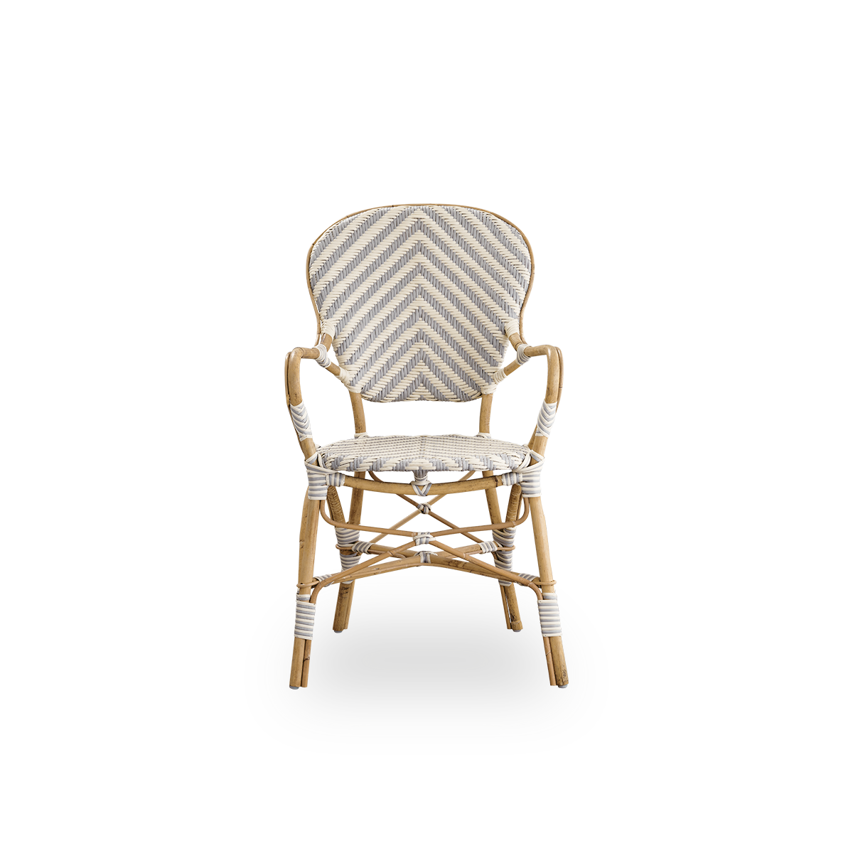 Front view of the Isabell dining chair with armrests.
Rattan frame with seat and backrest made in ArtFibre in an ivory and grey herringbone pattern. Inspired by 1950s bistro design.