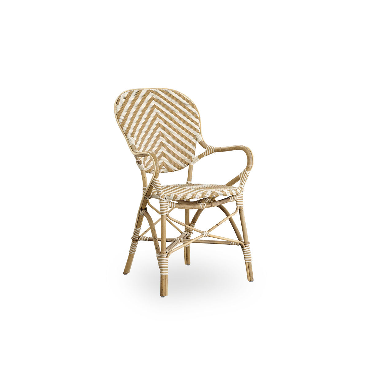 Side view of Isabell dining chair with armrest. Rattan frame with seat and backrest made in ArtFibre in ivory and grey herringbone pattern. Inspired by 1950s bistro design.