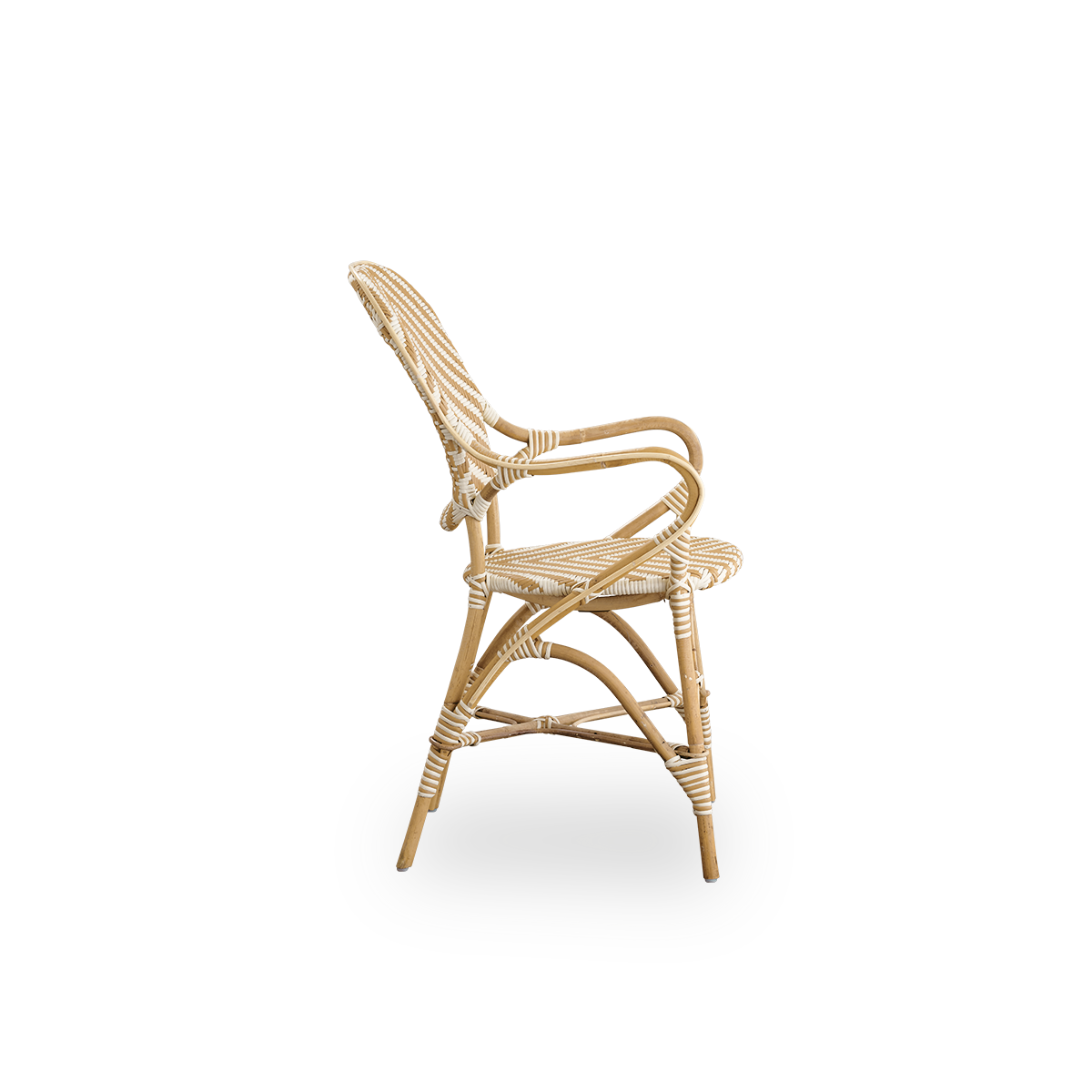 Plain side view of Isabell dining chair with armrest. Rattan frame with seat and backrest made in ArtFibre in ivory and grey herringbone pattern. Inspired by 1950s bistro design.