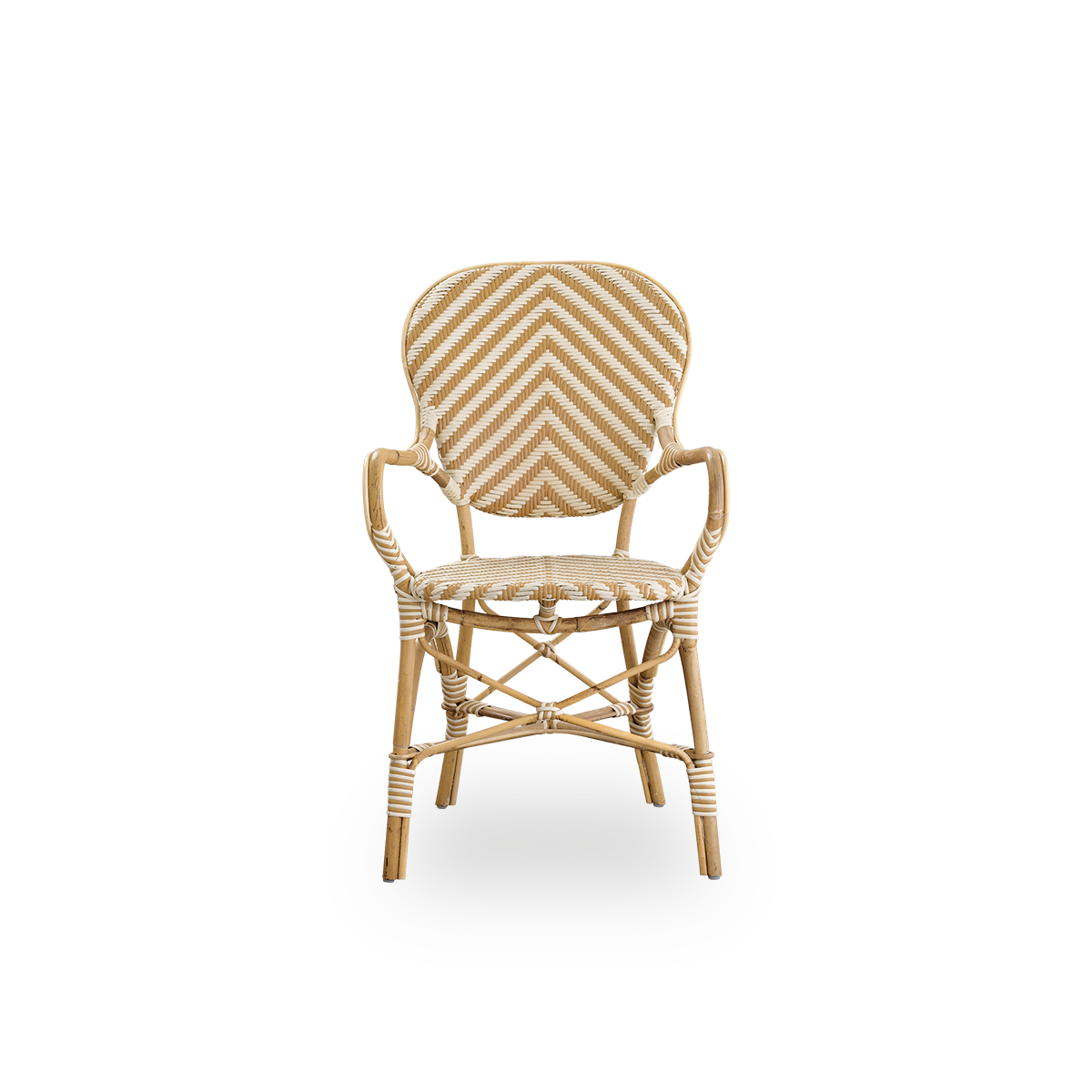 Front view of the Isabell dining chair with armrests.
Rattan frame with seat and backrest made in ArtFibre in an ivory and grey herringbone pattern. Inspired by 1950s bistro design.