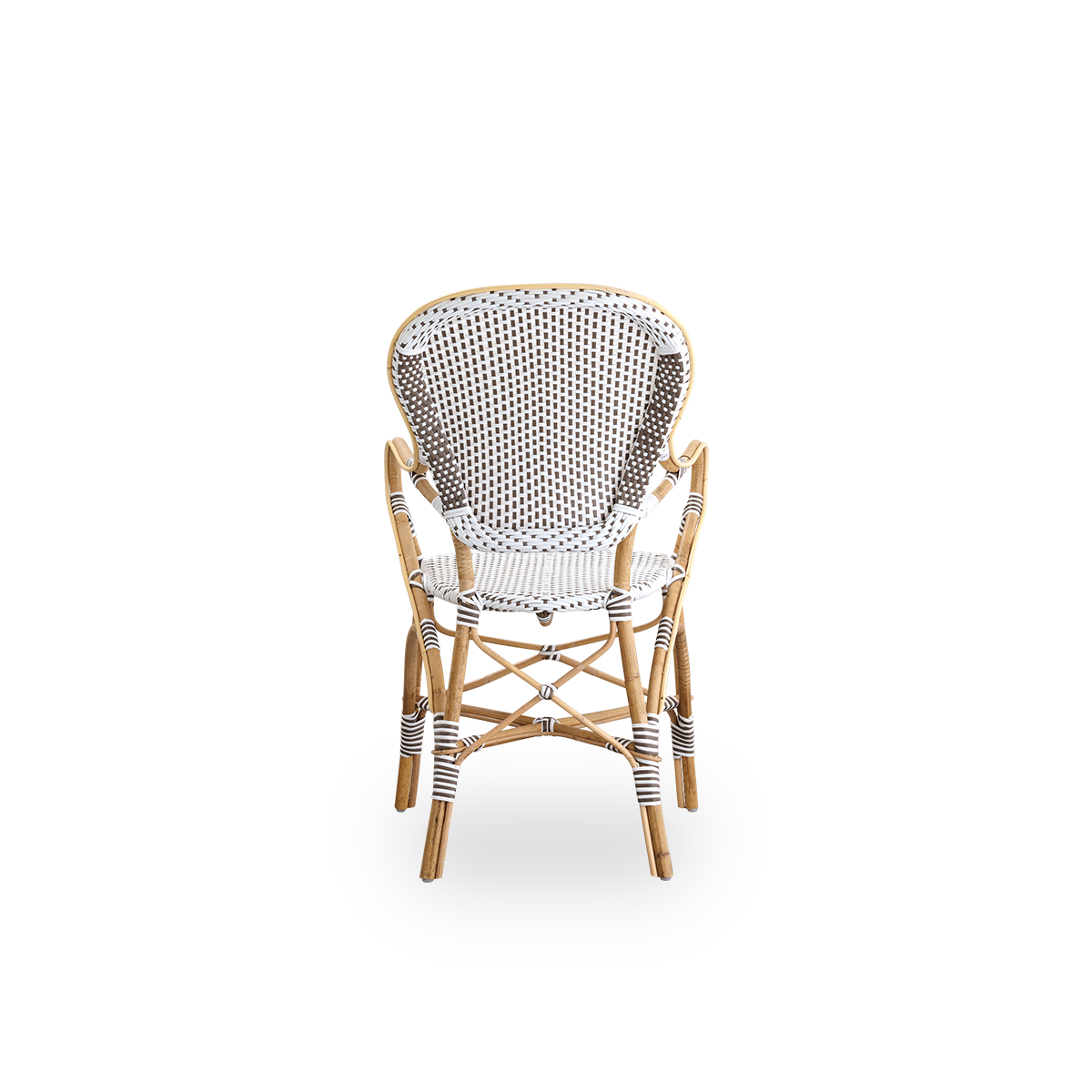 Plain back view of Isabell dining chair with armrest. Rattan frame with seat and backrest made in white ArtFibre with brown dots. Inspired by 1950s bistro design.
