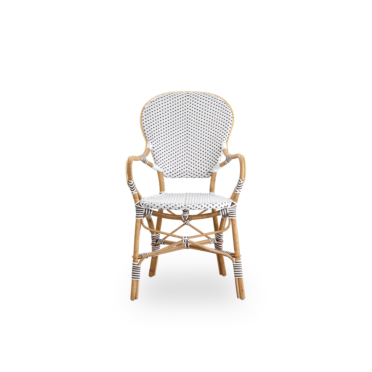 Front view of the Isabell dining chair with armrests.
Rattan frame with seat and backrest made in white ArtFibre with brown dots. Inspired by 1950s bistro design.