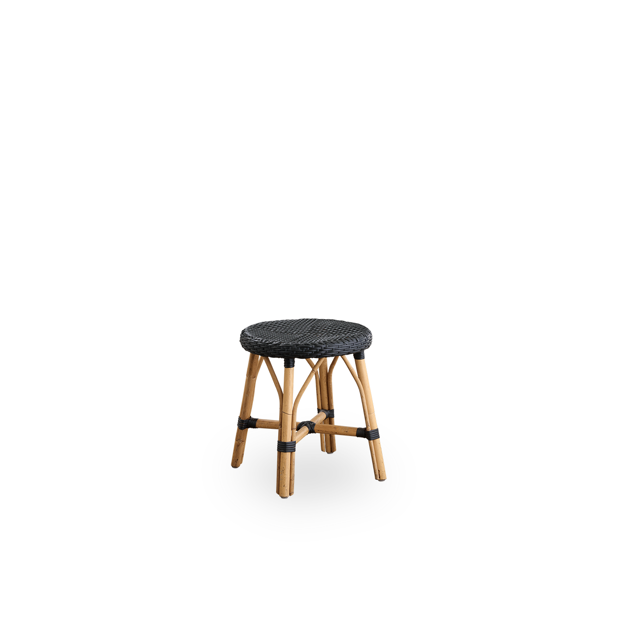 Side view of Simone stool height 52 cm. Rattan frame with footrest, with fully woven round seat handcrafted in ArtFibre in black color. Stackable rattan stool.