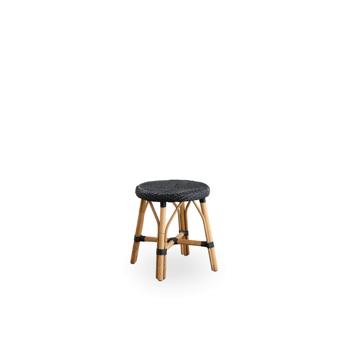 Side view of Simone stool height 52 cm. Rattan frame with footrest, with fully woven round seat handcrafted in ArtFibre in black color. Stackable rattan stool.