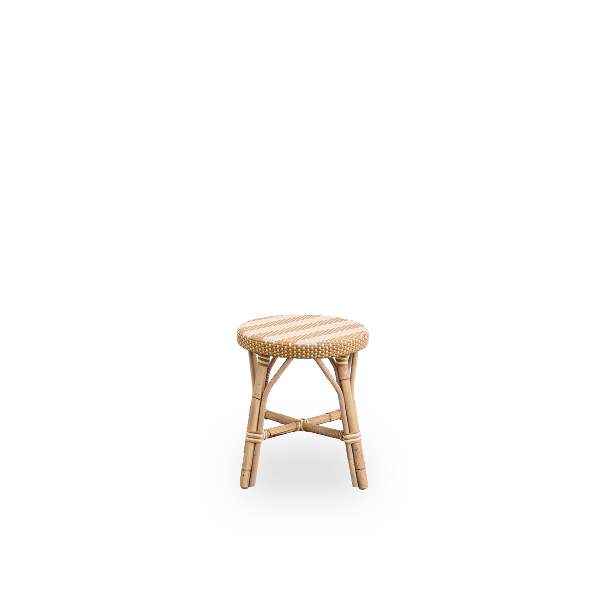 Front view of the Simone stool, height 52 cm.
Rattan frame with footrest, featuring a fully woven round seat handcrafted in ArtFibre in a broad striped pattern in ivory and honey. Stackable rattan stool.