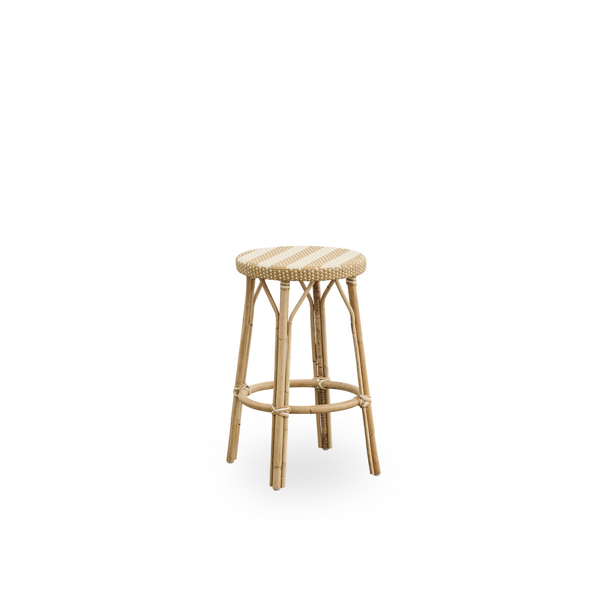 Side view of Simone counterstool height 68 cm. Rattan frame with footrest, with fully woven round seat handcrafted in ArtFibre in broad striped pattern in Ivory and Honey. Stackable counterstool.