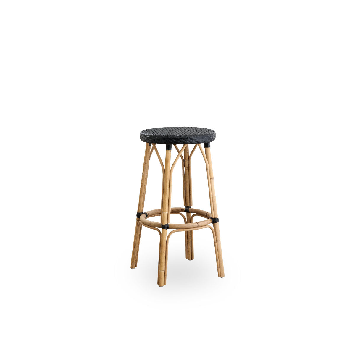 Side view of Simone barstool height 78 cm. Rattan frame with footrest, with fully woven round seat handcrafted in ArtFibre in black color. Stackable barstool.