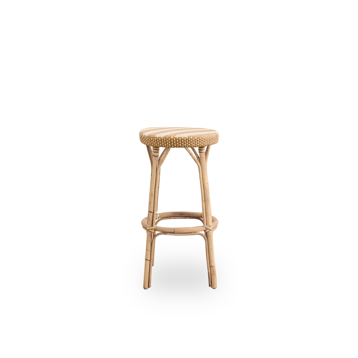 Front view of the Simone barstool, height 78 cm.
Rattan frame with footrest, featuring a fully woven round seat handcrafted in ArtFibre in a broad striped pattern in ivory and honey. Stackable barstool.