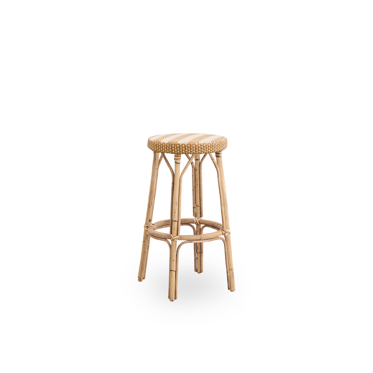 Side view of Simone barstool height 78 cm. Rattan frame with footrest, with fully woven round seat handcrafted in ArtFibre in broad striped pattern in Ivory and Honey. Stackable barstool.