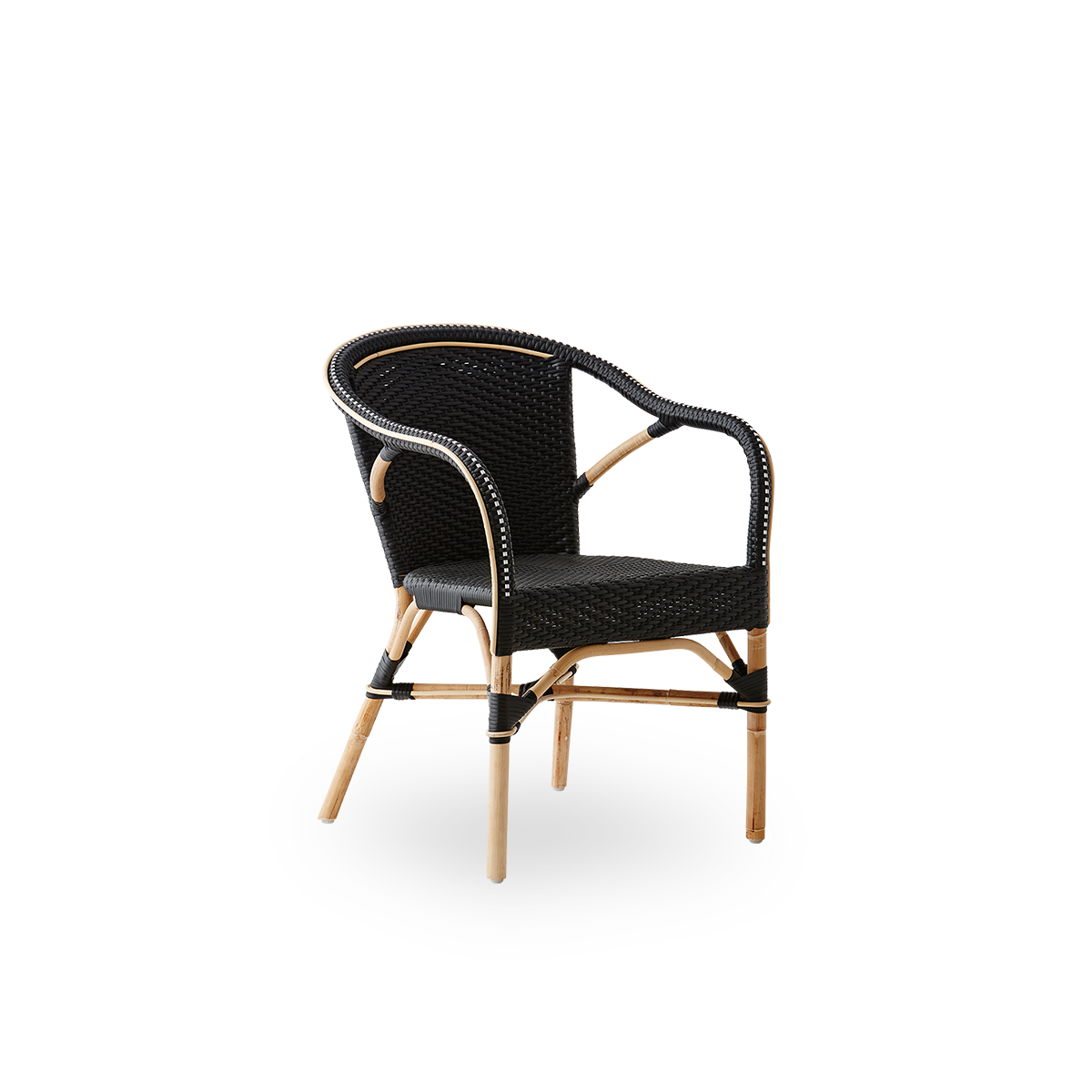 Side view of Madeleine dining armchair. Rattan frame with seat and backrest woven with black ArtFibre. Inspired by 1950s bistro design.