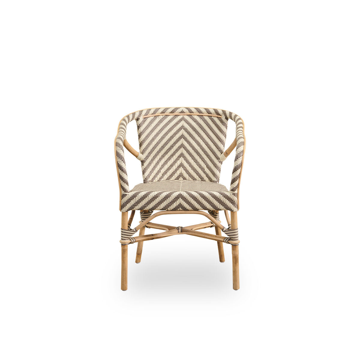 Front view of the Madeleine dining armchair.
Rattan frame with seat and backrest woven with ArtFibre in an ivory and brown herringbone pattern. Inspired by 1950s bistro design.