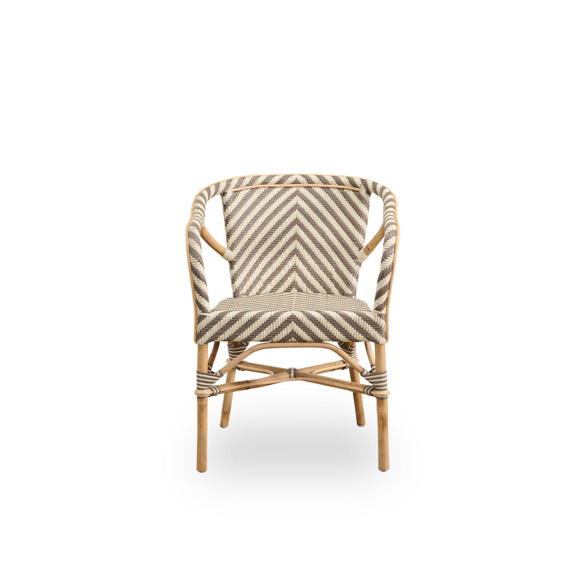 Front view of the Madeleine dining armchair.
Rattan frame with seat and backrest woven with ArtFibre in an ivory and brown herringbone pattern. Inspired by 1950s bistro design.