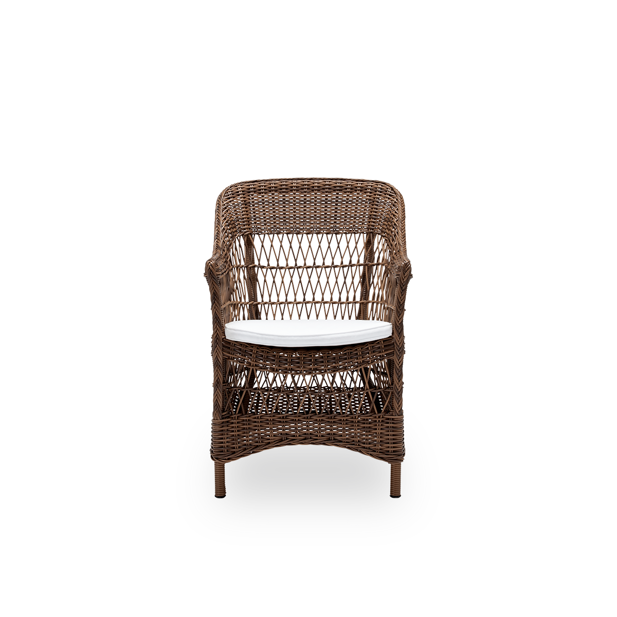 Front view of the Charlot exterior dining chair with seat cushion, in brown ArtFibre and aluminium. From Sika-Design's Georgia Garden collection, inspired by British colonial style and classic Danish wicker, with armrests and a high backrest.
