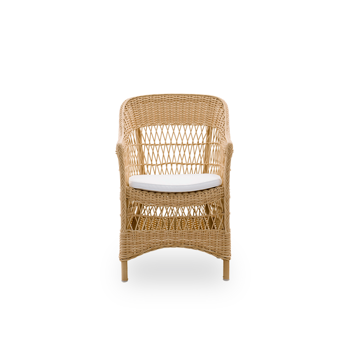 Front view of the Charlot Exterior dining chair in Natural color, a fully woven outdoor chair in British colonial style handcrafted from ArtFibre on durable aluminium frames.
