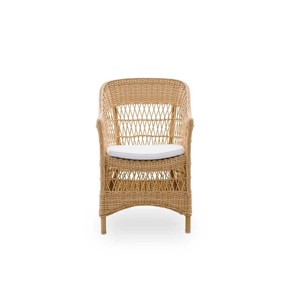 Front view of the Charlot Exterior dining chair in Natural color, a fully woven outdoor chair in British colonial style handcrafted from ArtFibre on durable aluminium frames.