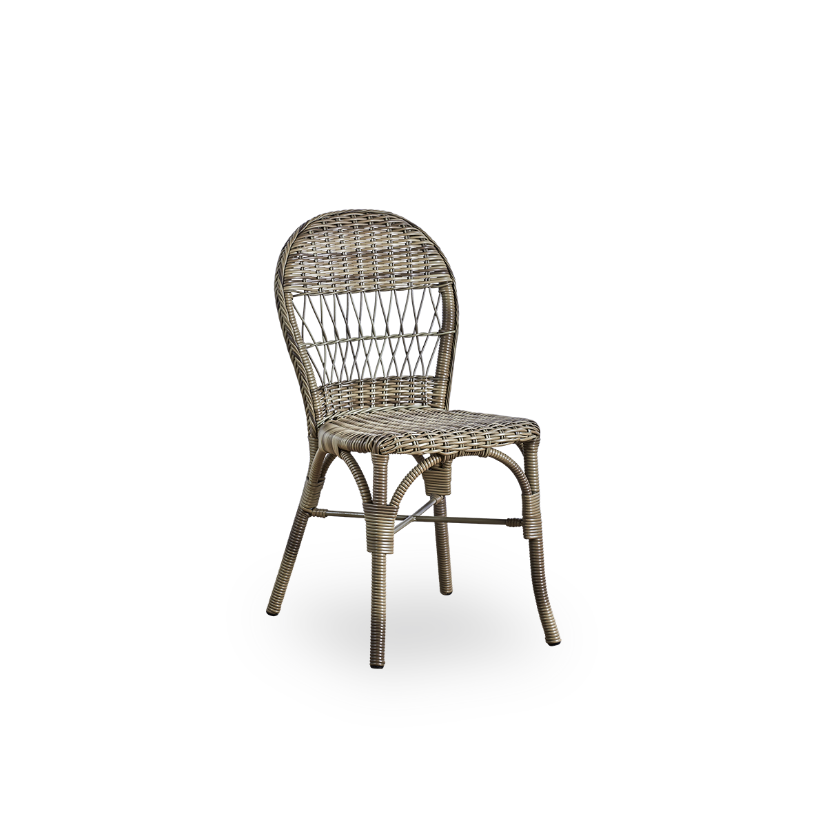 Side view of Ofelia outdoor dining chair in antique grey color. A smaller dining chair without armrest made of aluminium frame fully woven with ArtFibre.