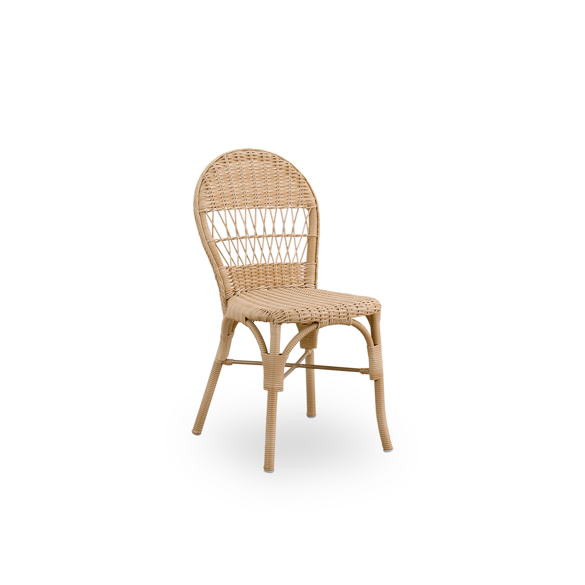 Side view of Ofelia outdoor dining chair in antique Natural color. A smaller dining chair without armrest made of aluminium frame fully woven with ArtFibre.
