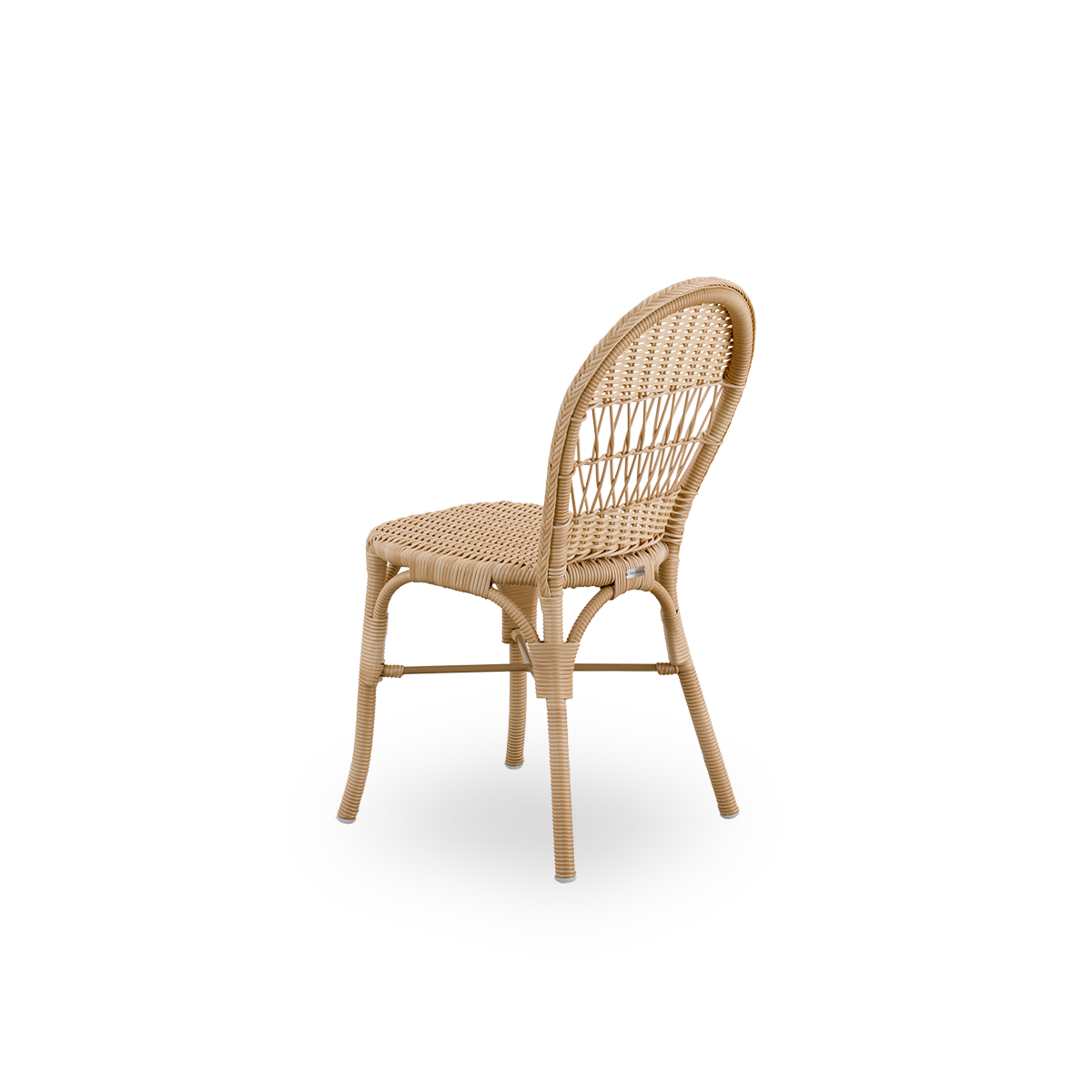 Plain back view of Ofelia outdoor dining chair in Natural color. A smaller dining chair without armrest made of aluminium frame fully woven with ArtFibre.