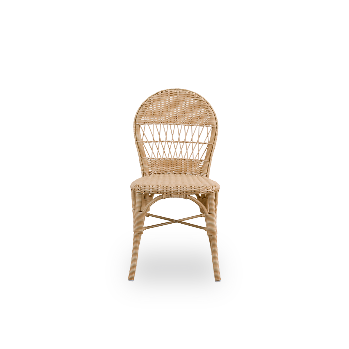 Front view of the Ofelia outdoor dining chair in natural color.
A smaller dining chair without armrests made of an aluminium frame fully woven with ArtFibre.
